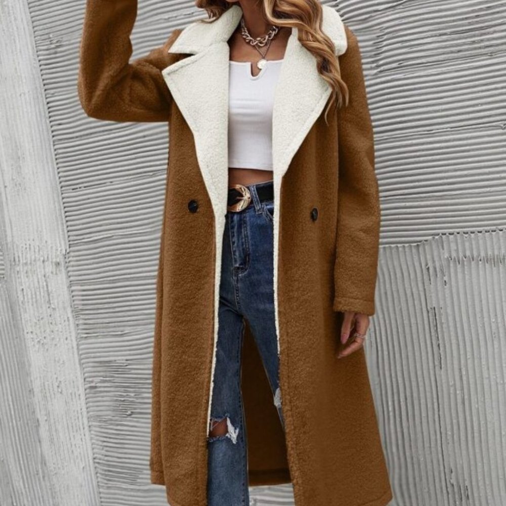 Cozy two tone  Teddy Long Coat Jacket Minimalist - Picture 6 of 11